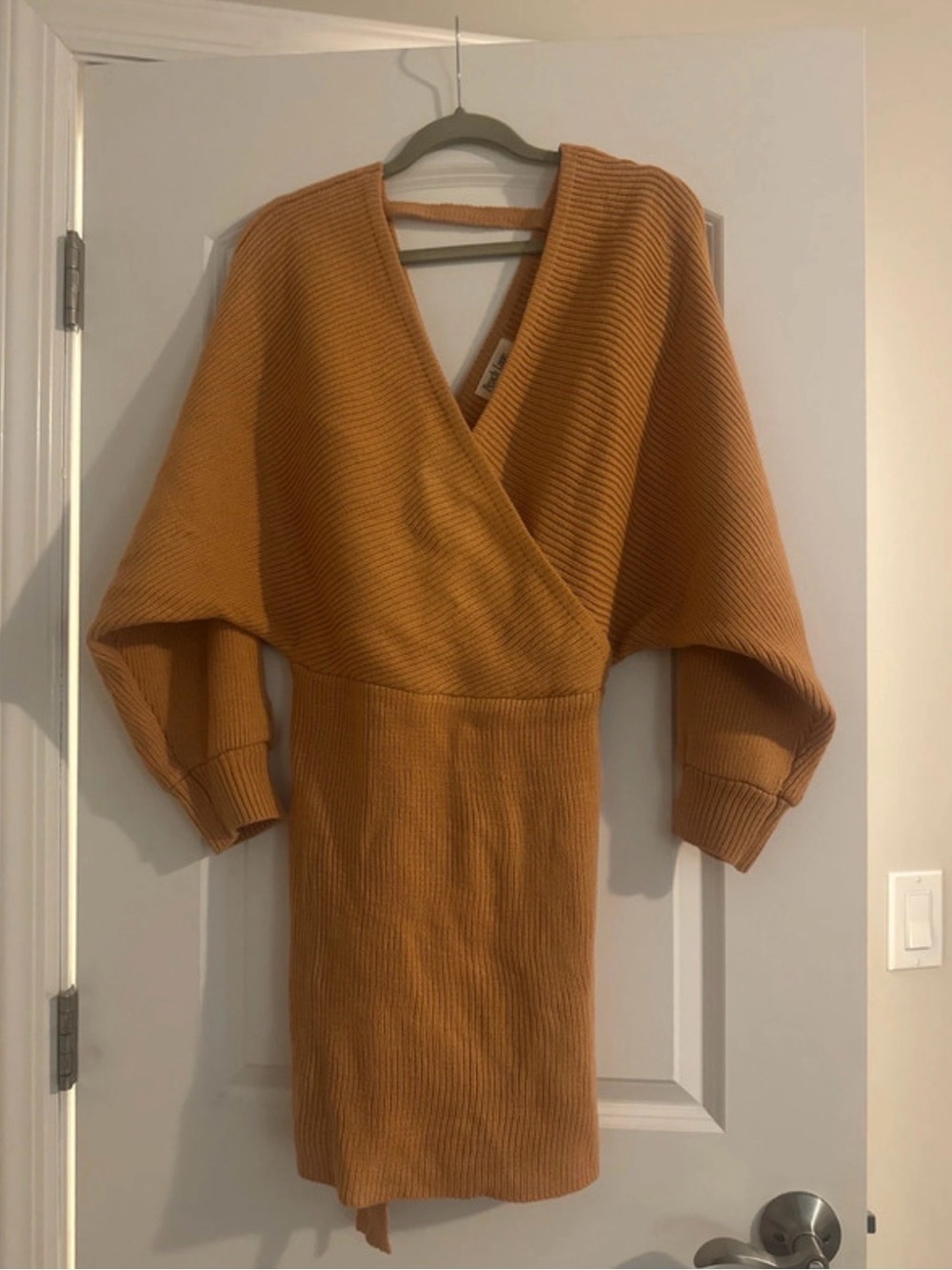 Peach Love California Ribbed Wrap Dress in peachish tan color